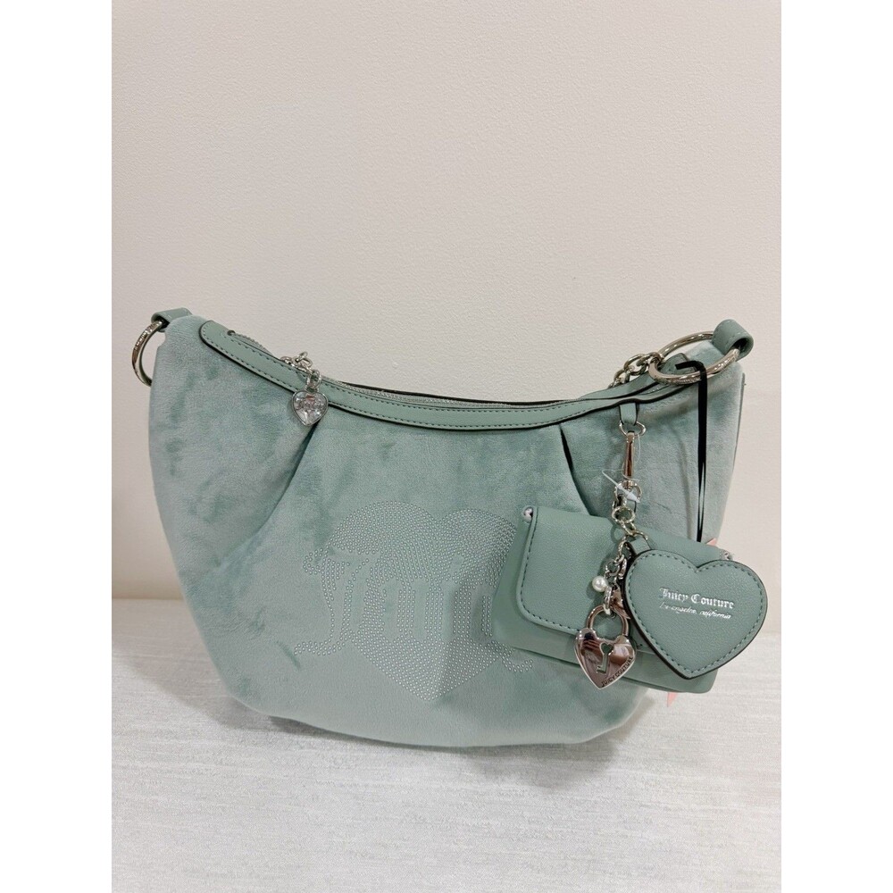 NWT Juicy Couture Queen Couture Hobo Bag Sage Mint Green Velour Rhinestone Heart - Picture 8 of 10